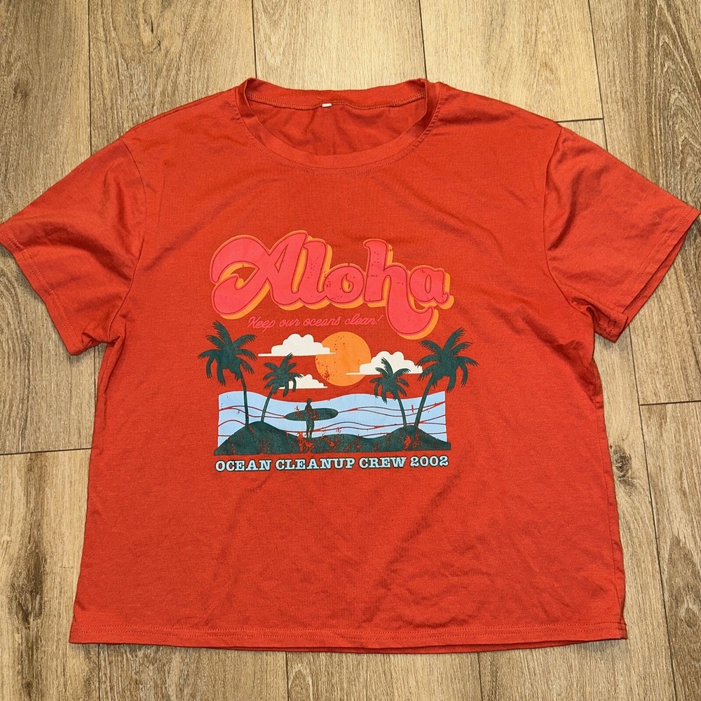 Aloha Women's Juniors Crop T-Shirt‎ Size Large Cotton Orange Red Preowned